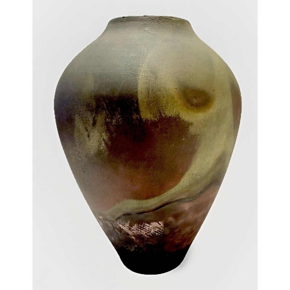 Raku Pottery Vase Iridescent Metallic Smokey MCM Decor 7.5" Signed VTG Retro